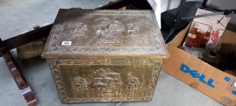 A 1930s hammered brass log / coal box depicting ships (52cm x 37cm x 39cm) COLLECT ONLY
