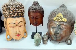 3 Cerused wooden Buddha masks & 2 metal busts