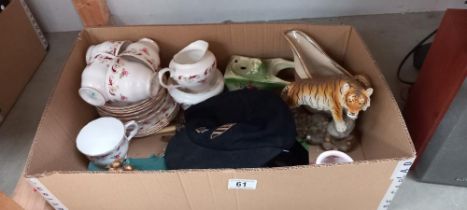 A vintage Bourne grammar school cap & a box of mixed china including tea set etc