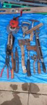 A mixed box of workshop tools including an Axe, Snips, Trimmers etc