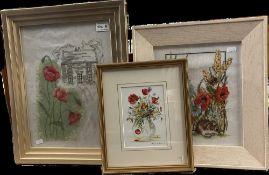 A watercolour study of poppies & 2 framed poppy cross stitch pieces