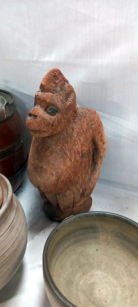 A 1930s oak biscuit barrel studio pottery & coconut fur gorilla COLLECT ONLY - Image 2 of 9
