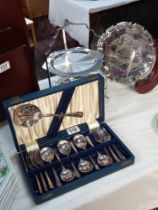 A cased silver plated desert spoon / fork set, 2 tier cake stand & tray COLLECT ONLY