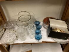 A quantity of Glassware including 4 vintage glass cups, A brass cam vase & carnival ware dish