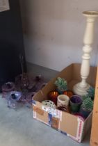 An Amethyst glass 5 arm chandelier & A box of tea light holders