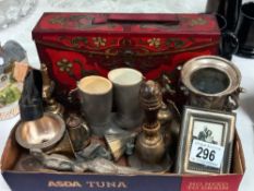 A quantity of metal & brassware items including old tin & bell etc