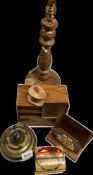 A carved lamp base trinket boxes & Brass oil lamp base