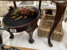 A vintage foot stool with wooden crocheted top & A Wicker basket COLLECT ONLY