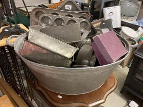 Tin Bath with contents of vintage and newer baking trays vintage icing set