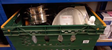 A crate of pots, pans & kitchenalia including steamer