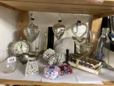 Collection of decoraive items, glass hearts, white metal clock, M&S plaque, Heathcote & Ivory soap