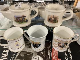 3 Royal memorabilia cups & 2 shaving mugs