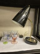 A vintage Pifco angle lamp and 4 coloured glass dishes/glasses