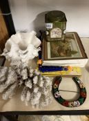 A coral floret, a large shell, two sets of place mats a harrods tin and a barge art horse shoe