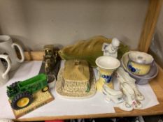 2 Witton leaf dish, butter dish, John deere tractor & 3 dinka shoes