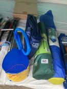 A quantity of camping gear including a tent mattress, pump & folding table