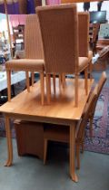 A solid oak topped dining table with wicker frieze & set of 6 Lloyd Loom chairs COLLECT ONLY