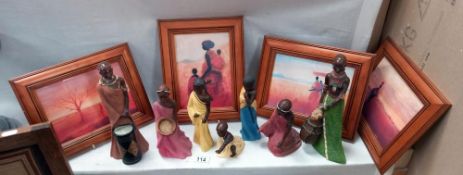 A selection of African Masai figures & 4 prints
