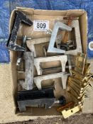 A box of small clamps & some brass hinges
