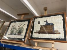 A pair of papyrus paintings of Mallards & A Sphinx