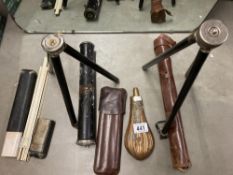 3 vintage tripods , a copper powder flask and a boxed Fabel vintage slide rule