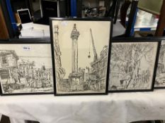 8 Pen ink style line drawings / prints by various artists (1 Glass A/F)