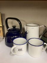 A blue enamel kettle jug & 2 mugs