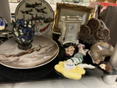 A quantity of miscellaneous items including a carriage clock, Doulton Toby jug & A tall candle stick