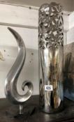 2 aluminium items one pierced vase /Umbrella stand aprox 22" H and modern art figure