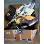 A box of irons including vintage travel irons COLLECT ONLY