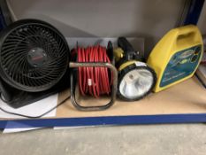 An extention reel power pack / charger, Large torch & fan