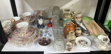 a selection of ceramics and glass garden house part tea set plus jusgs jelly mold and ceramic cats