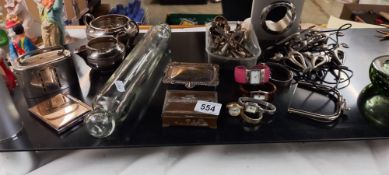 A selection of plated ware including trinket boxes, cutlery & 5 ladies watches etc