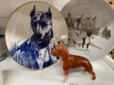 2 English Bulldog collectors plates & Pottery boxer dog