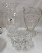 A cut glass vase, 1 other and a heavy glass stand COLLECT ONLY