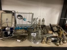 Interesting plated and white metal ware lot, frames, boxed cutlery, chrome ware