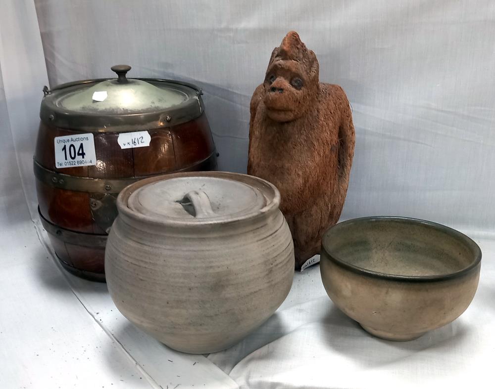 A 1930s oak biscuit barrel studio pottery & coconut fur gorilla COLLECT ONLY