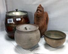 A 1930s oak biscuit barrel studio pottery & coconut fur gorilla COLLECT ONLY