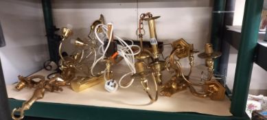 A collection of Light fittings, 2 brass chandeliers, 2 heavy wall sconces & two others plus