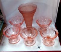 A quantity of 1930s pink glass dessert bowls & vase COLLECT ONLY