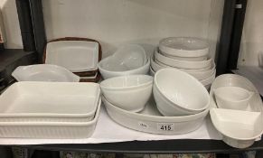 19 items of white crockery dishes, 4 with basket trays under