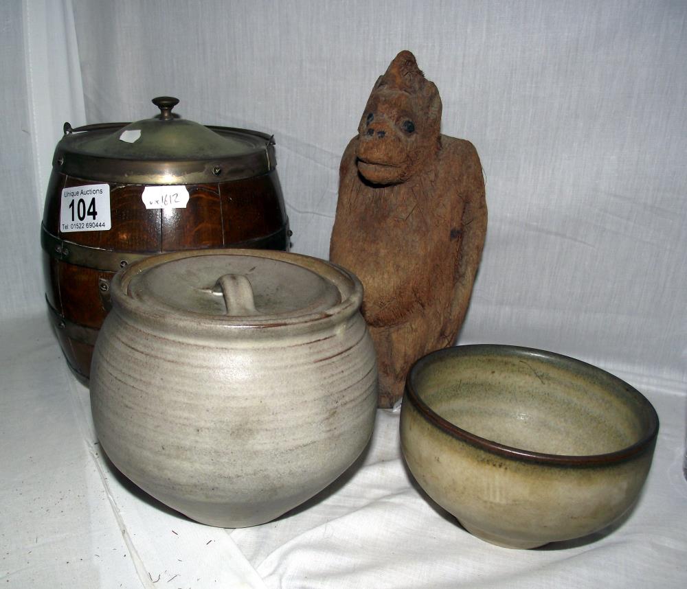 A 1930s oak biscuit barrel studio pottery & coconut fur gorilla COLLECT ONLY - Image 3 of 9