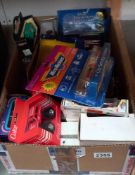 A large box of mixed, boxed diecast including Disney fire truck, Micro machines, set no7 City