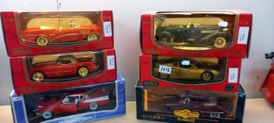6 x 1/18 scale American cars, some loose in boxes including Anson & Mira