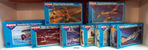 8 boxed Novo aeroplane model kits 1:72 scale believed to be complete