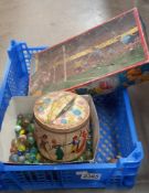 A bag of vintage marbles, tin of plastic soldiers & boxed blow football