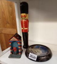 A vintage painted wooden grenadier guard 16cm tinplate sentry box / money box & Bugs Bunny tin dish