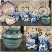 A selectiom of ceramics including cake plate, oriental figure and studio pottery style vase.
