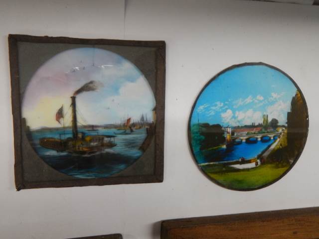 Two hand painted magic lantern slides and three others (one with chip on corner). - Image 3 of 8