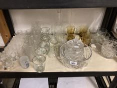 A collection of vintage drinking glasses etched decanter and crystal items